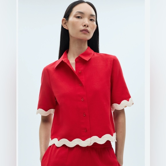 Mango Tops - MANGO Red Scalloped Trim Cotton Button-Down Blouse (XS, NWT) E90